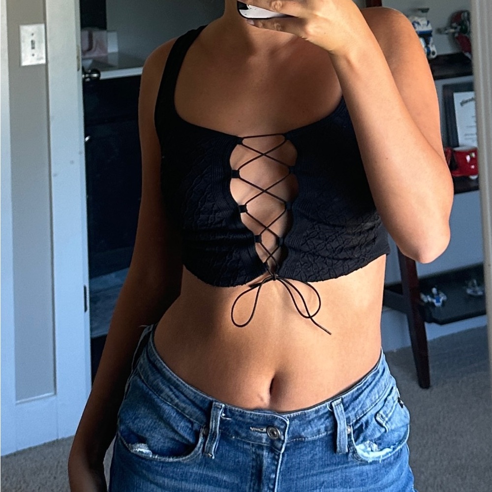 Anthropologie Black Lace-Up Crop Top